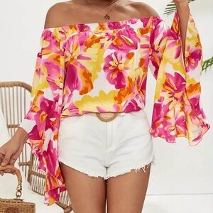 Boutique Floral Off-Shoulder Bell Sleeve Top | Pink Yellow | NWT | Large